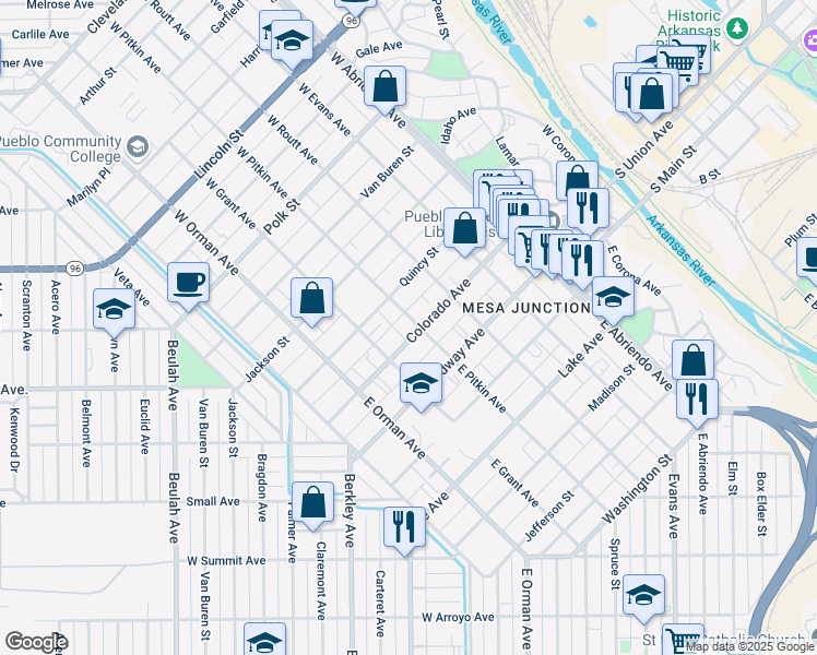 map of restaurants, bars, coffee shops, grocery stores, and more near 102 West Pitkin Avenue in Pueblo