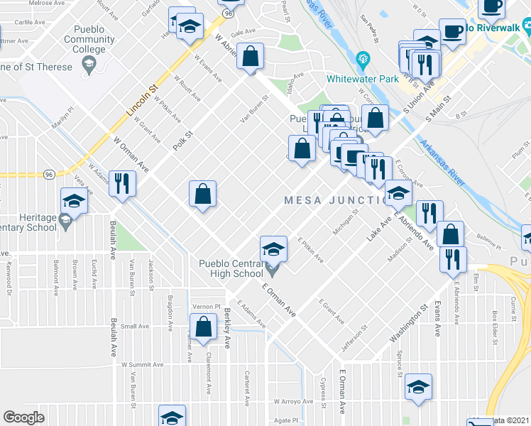 map of restaurants, bars, coffee shops, grocery stores, and more near 102 West Pitkin Avenue in Pueblo