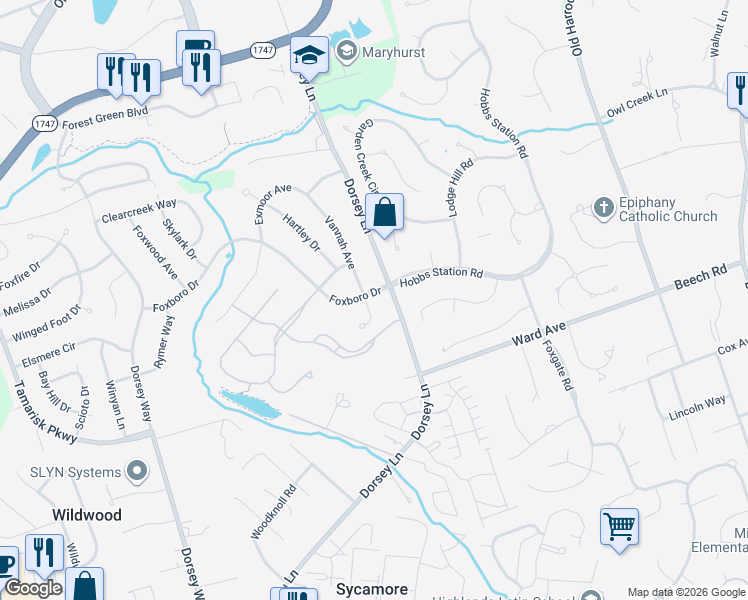map of restaurants, bars, coffee shops, grocery stores, and more near 10501 Hobbs Station Road in Louisville