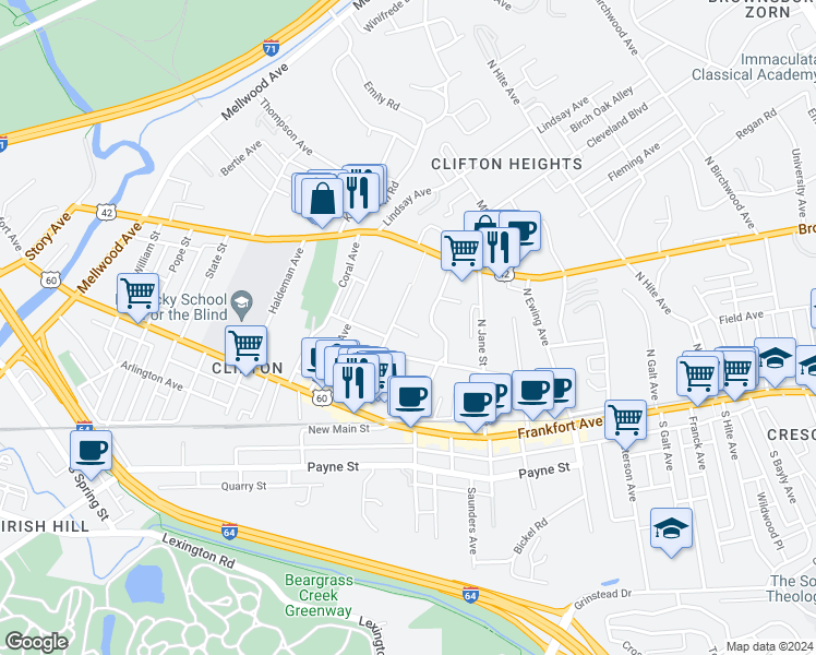 map of restaurants, bars, coffee shops, grocery stores, and more near 2121 Vernon Court in Louisville