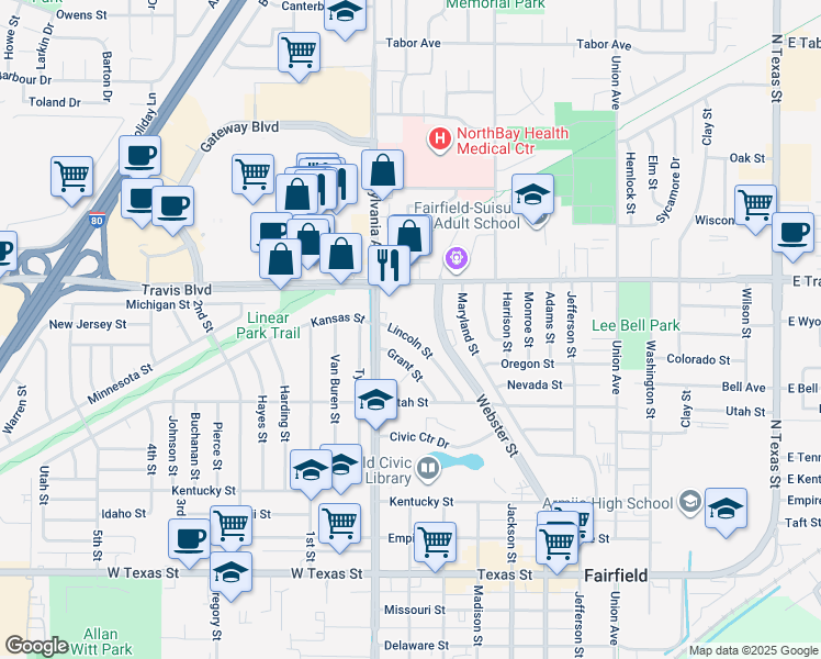 map of restaurants, bars, coffee shops, grocery stores, and more near 1316 Lincoln Street in Fairfield