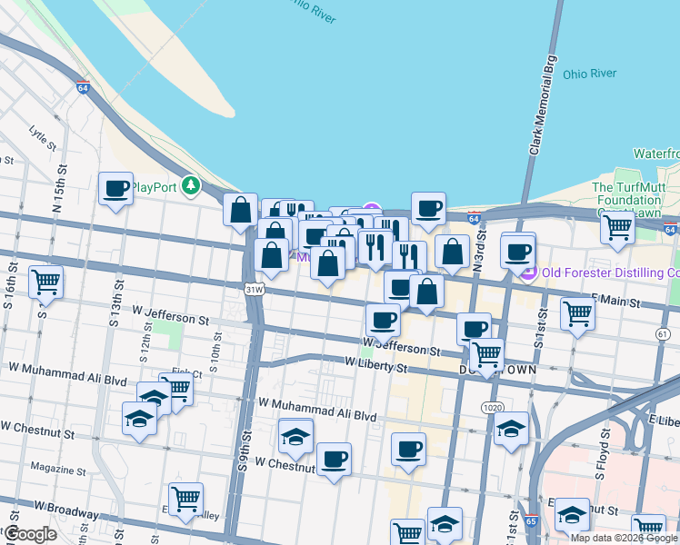 map of restaurants, bars, coffee shops, grocery stores, and more near 635 West Main Street in Louisville