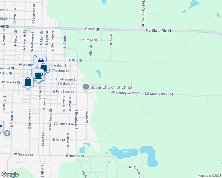 map of restaurants, bars, coffee shops, grocery stores, and more near 1545 Northeast County Road 2504 in Butler