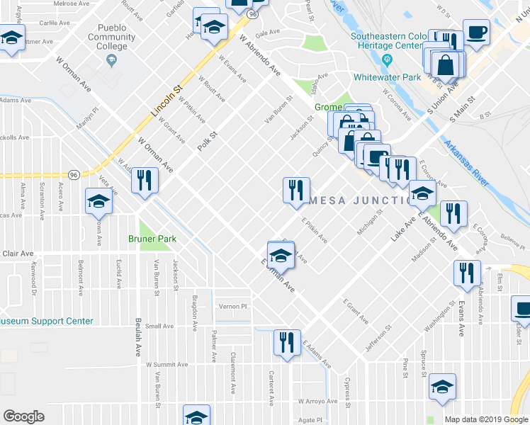 map of restaurants, bars, coffee shops, grocery stores, and more near 130 West Pitkin Avenue in Pueblo
