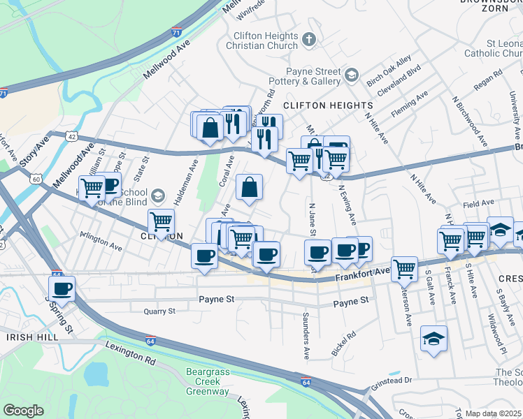 map of restaurants, bars, coffee shops, grocery stores, and more near 176 Vernon Avenue in Louisville