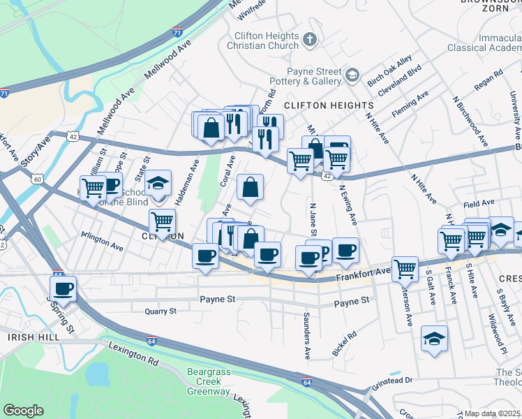 map of restaurants, bars, coffee shops, grocery stores, and more near 176 Vernon Avenue in Louisville