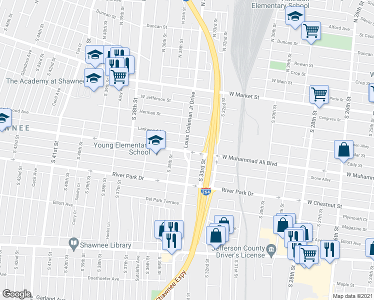 map of restaurants, bars, coffee shops, grocery stores, and more near 3252 Larkwood Avenue in Louisville
