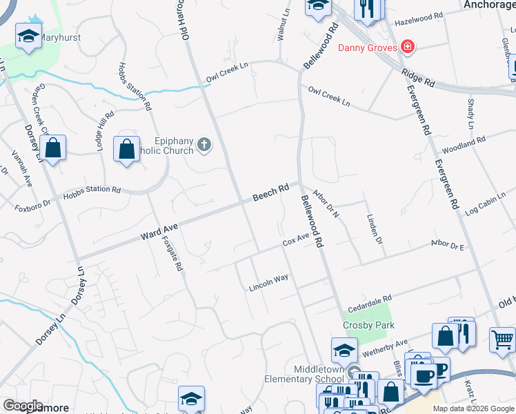 map of restaurants, bars, coffee shops, grocery stores, and more near 11109 Beech Road in Louisville
