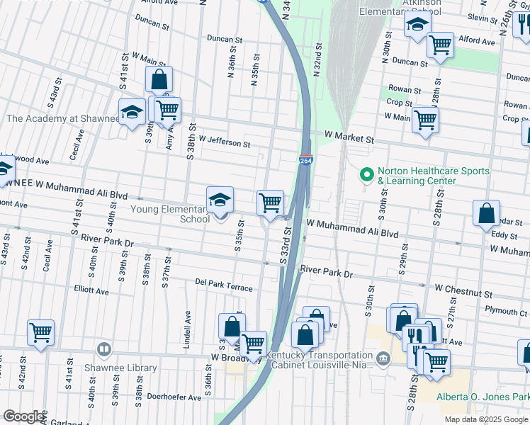 map of restaurants, bars, coffee shops, grocery stores, and more near 451 South 34th Street in Louisville