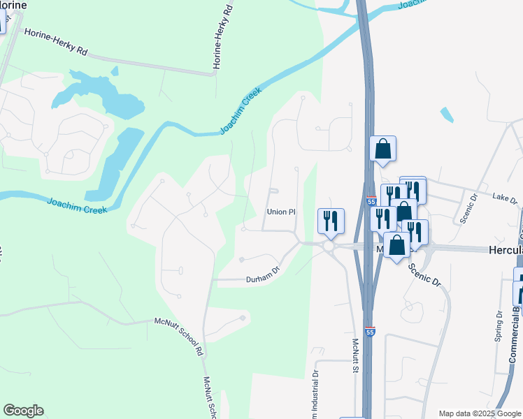 map of restaurants, bars, coffee shops, grocery stores, and more near 1247 Liberty Crossing in Herculaneum