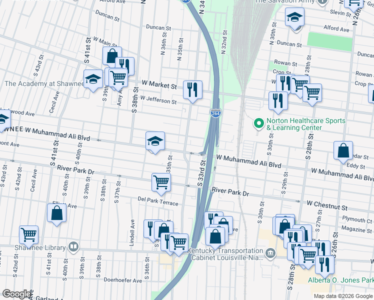 map of restaurants, bars, coffee shops, grocery stores, and more near 3252 Larkwood Avenue in Louisville
