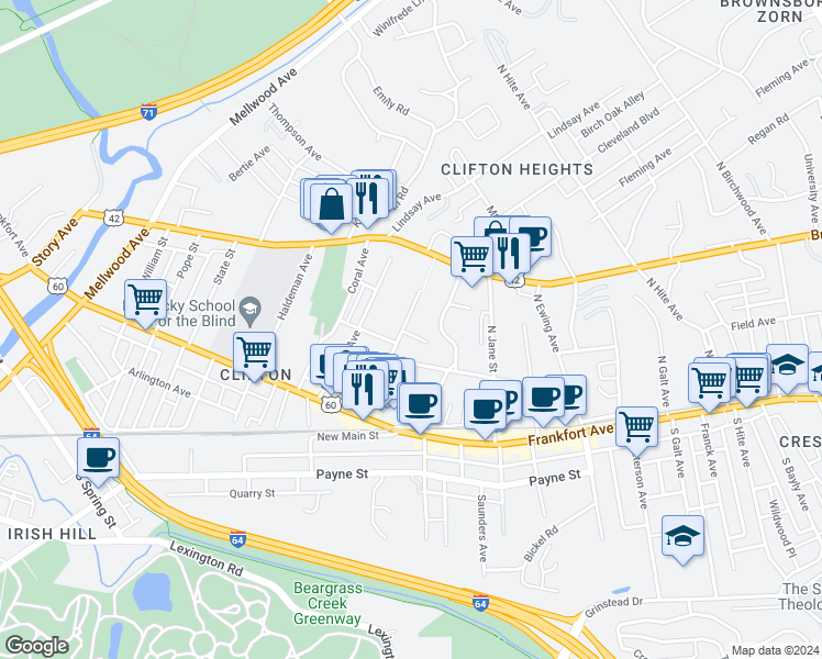 map of restaurants, bars, coffee shops, grocery stores, and more near 2101 Vernon Court in Louisville