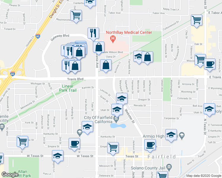 map of restaurants, bars, coffee shops, grocery stores, and more near 1555 Webster Street in Fairfield