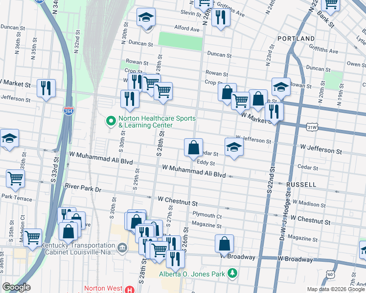 map of restaurants, bars, coffee shops, grocery stores, and more near 2712 West Jefferson Street in Louisville