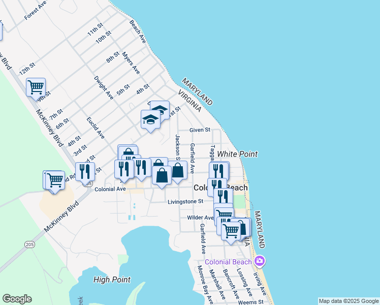 map of restaurants, bars, coffee shops, grocery stores, and more near 710 Garfield Avenue in Colonial Beach