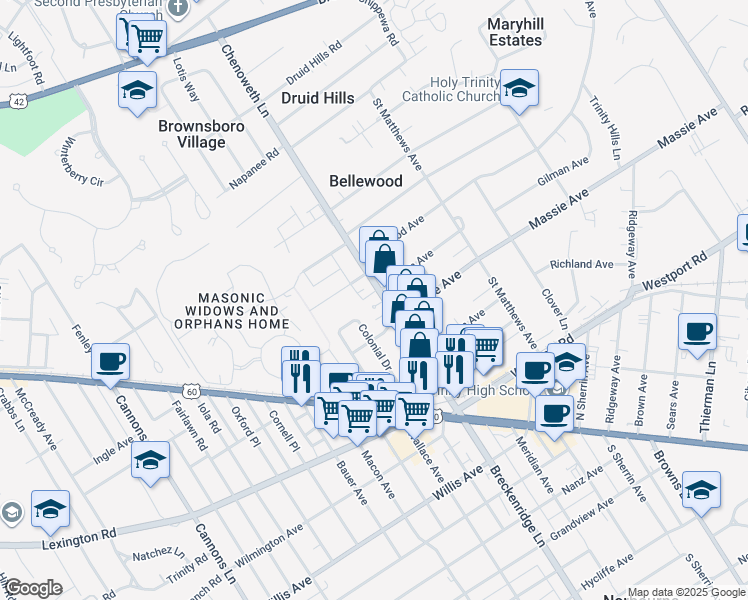 map of restaurants, bars, coffee shops, grocery stores, and more near 225 Chenoweth Lane in Louisville