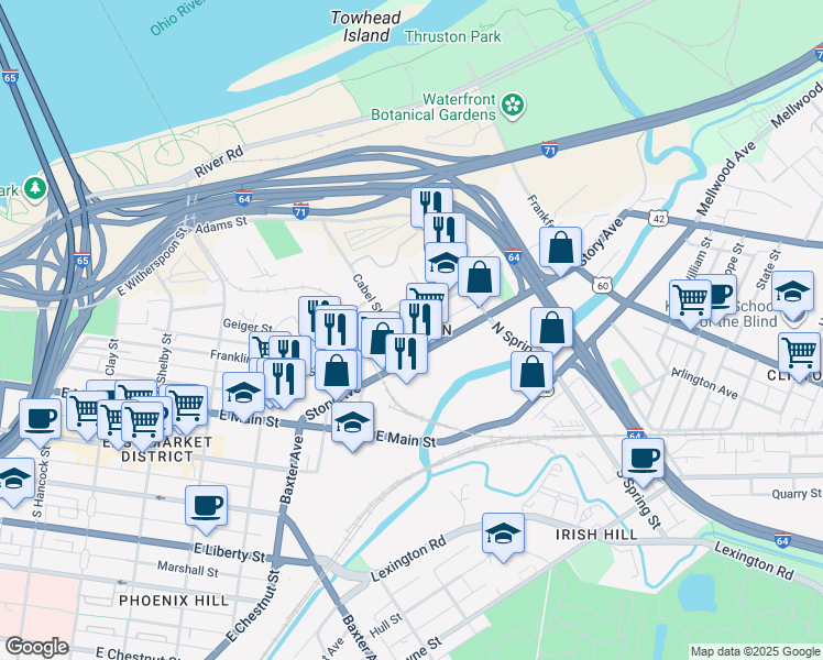 map of restaurants, bars, coffee shops, grocery stores, and more near in Louisville