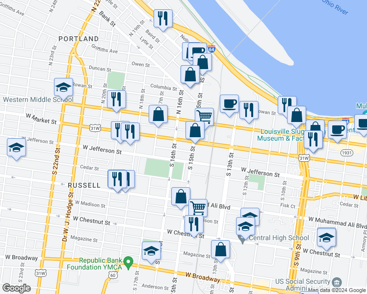 map of restaurants, bars, coffee shops, grocery stores, and more near 1523 West Market Street in Louisville