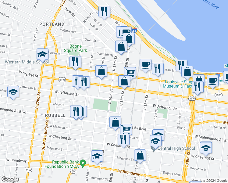 map of restaurants, bars, coffee shops, grocery stores, and more near 1523 West Market Street in Louisville