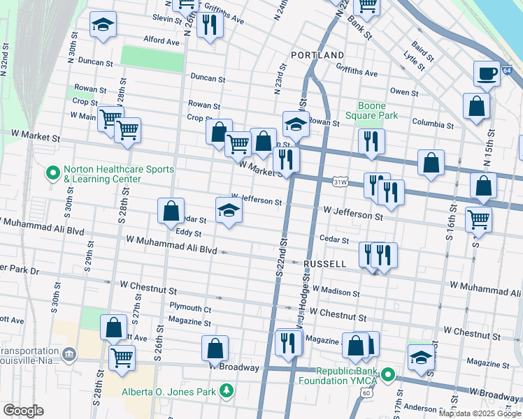 map of restaurants, bars, coffee shops, grocery stores, and more near 2225 West Jefferson Street in Louisville