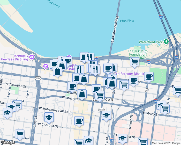 map of restaurants, bars, coffee shops, grocery stores, and more near 144 North Fourth Street in Louisville