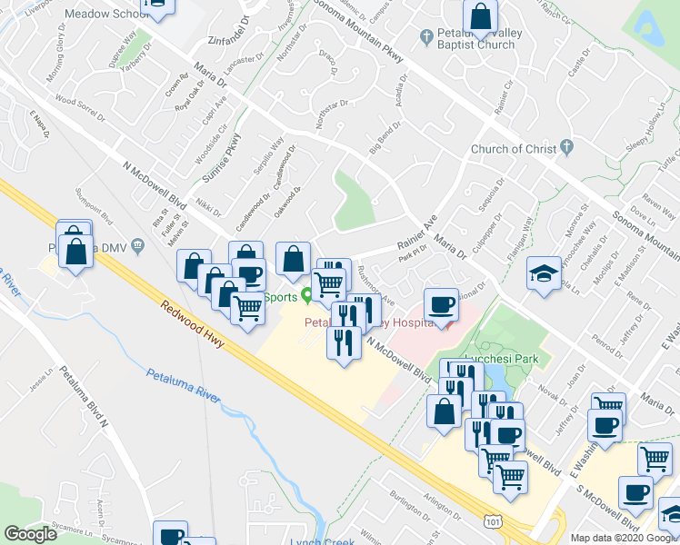 map of restaurants, bars, coffee shops, grocery stores, and more near 205 Prince Albert Court in Petaluma