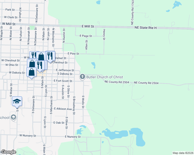 map of restaurants, bars, coffee shops, grocery stores, and more near 1545 Northeast County Road 2504 in Butler