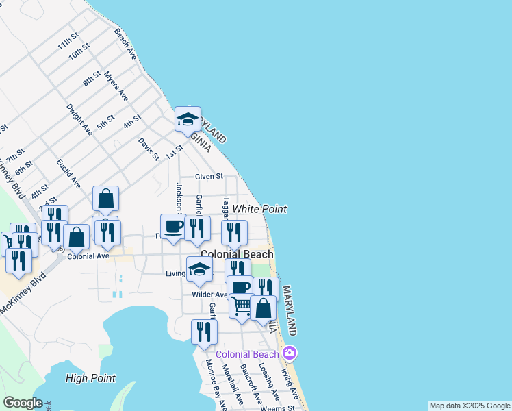 map of restaurants, bars, coffee shops, grocery stores, and more near 715 Washington Avenue in Colonial Beach