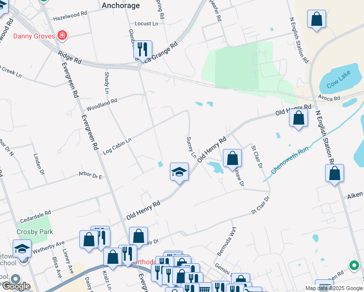 map of restaurants, bars, coffee shops, grocery stores, and more near 802 Surrey Lane in Louisville