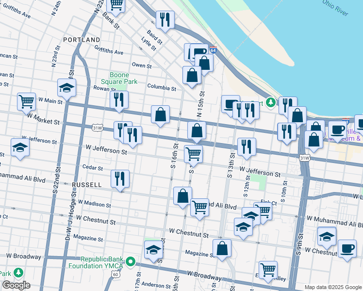 map of restaurants, bars, coffee shops, grocery stores, and more near 1524 West Market Street in Louisville