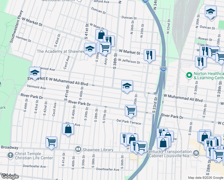 map of restaurants, bars, coffee shops, grocery stores, and more near 3707 West Muhammad Ali Boulevard in Louisville