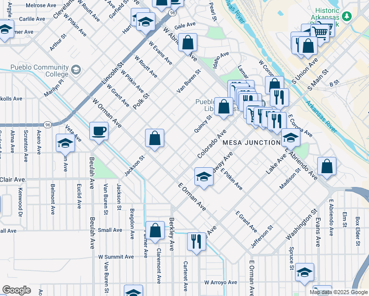 map of restaurants, bars, coffee shops, grocery stores, and more near 130 West Pitkin Avenue in Pueblo