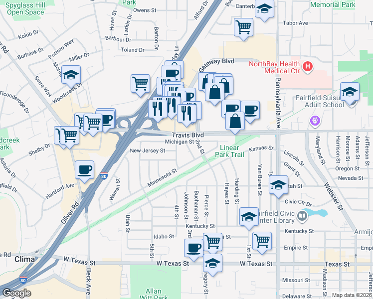 map of restaurants, bars, coffee shops, grocery stores, and more near 1337 Cleveland Street in Fairfield