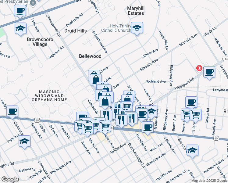 map of restaurants, bars, coffee shops, grocery stores, and more near 3936 Massie Avenue in Louisville