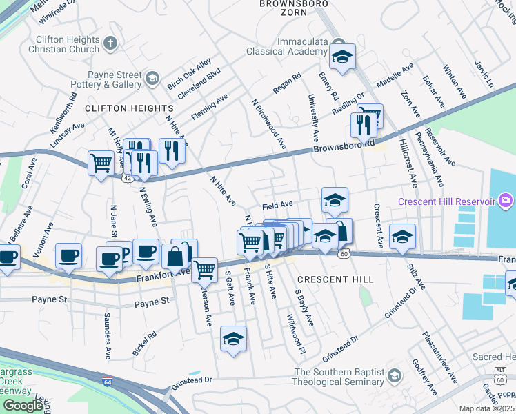 map of restaurants, bars, coffee shops, grocery stores, and more near 208 Linden Lane in Louisville