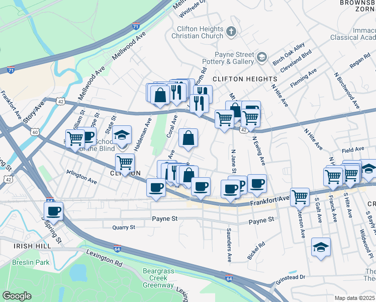 map of restaurants, bars, coffee shops, grocery stores, and more near 176 Vernon Avenue in Louisville