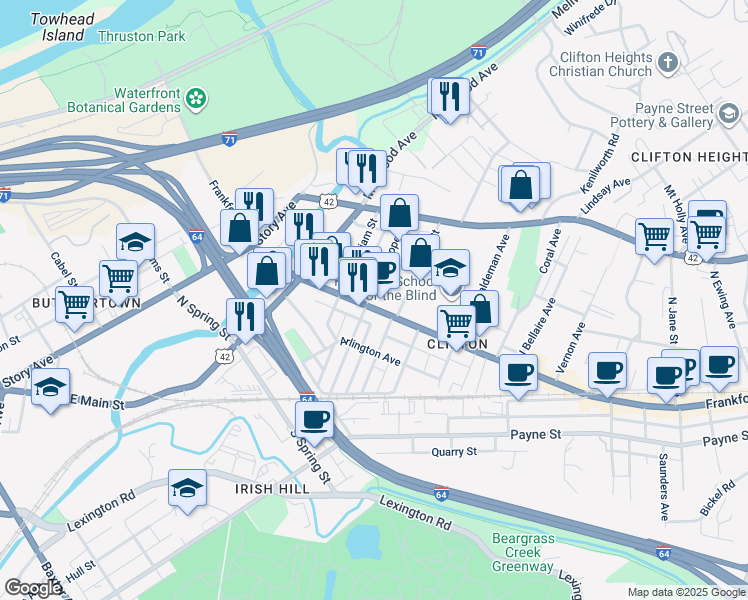 map of restaurants, bars, coffee shops, grocery stores, and more near in Louisville