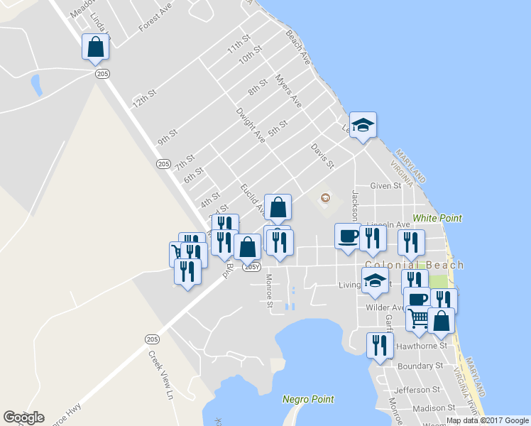 map of restaurants, bars, coffee shops, grocery stores, and more near 1003 Euclid Avenue in Colonial Beach