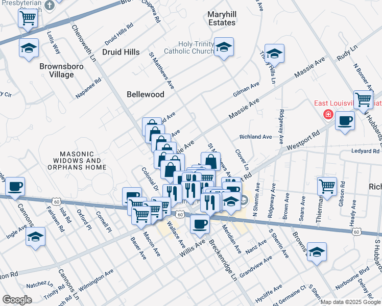 map of restaurants, bars, coffee shops, grocery stores, and more near 3936 Massie Avenue in Louisville