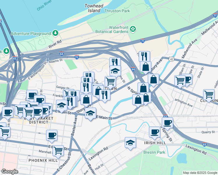 map of restaurants, bars, coffee shops, grocery stores, and more near in Louisville