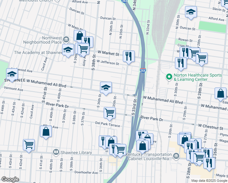 map of restaurants, bars, coffee shops, grocery stores, and more near 3505 West Muhammad Ali Boulevard in Louisville