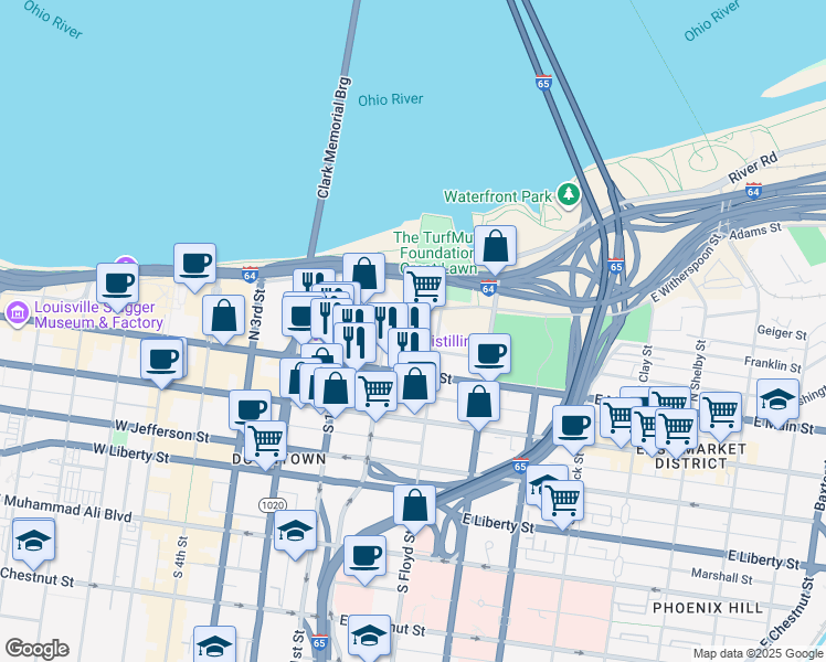 map of restaurants, bars, coffee shops, grocery stores, and more near 222 East Witherspoon Street in Louisville