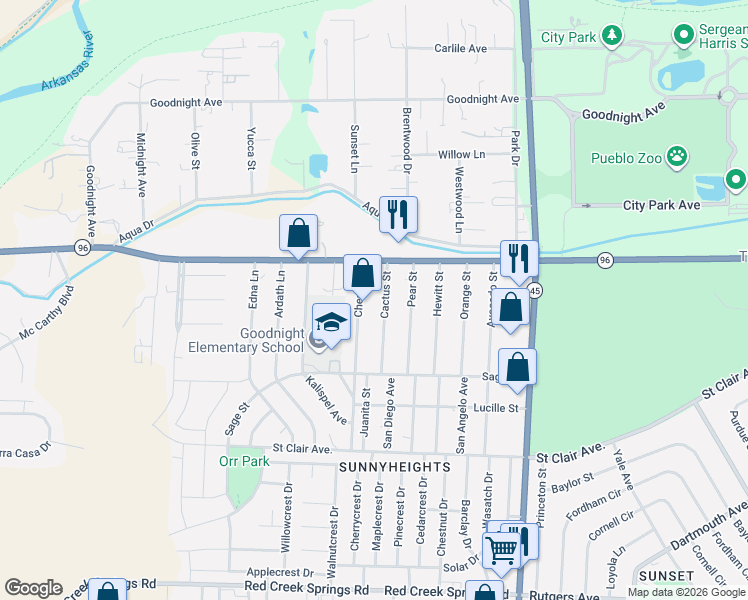 map of restaurants, bars, coffee shops, grocery stores, and more near 524 Cherry Lane in Pueblo