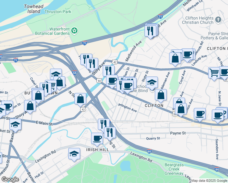 map of restaurants, bars, coffee shops, grocery stores, and more near 1710 U.S. 60 in Louisville