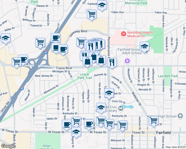 map of restaurants, bars, coffee shops, grocery stores, and more near 1400 Kansas Street in Fairfield