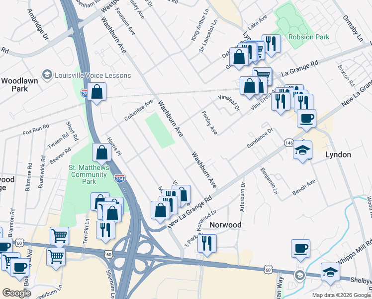 map of restaurants, bars, coffee shops, grocery stores, and more near 518 Washburn Avenue in Louisville