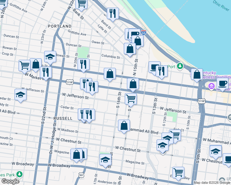 map of restaurants, bars, coffee shops, grocery stores, and more near 1622 West Market Street in Louisville