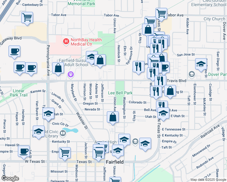 map of restaurants, bars, coffee shops, grocery stores, and more near in Fairfield