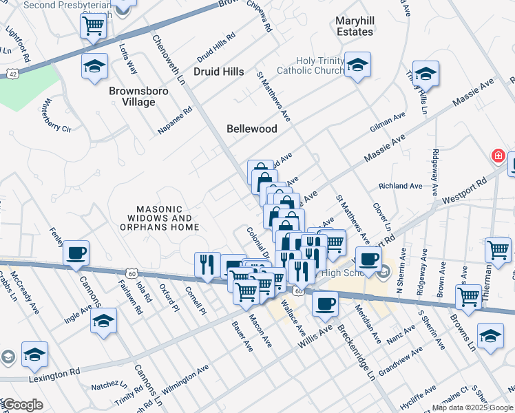 map of restaurants, bars, coffee shops, grocery stores, and more near 225 Chenoweth Lane in Louisville
