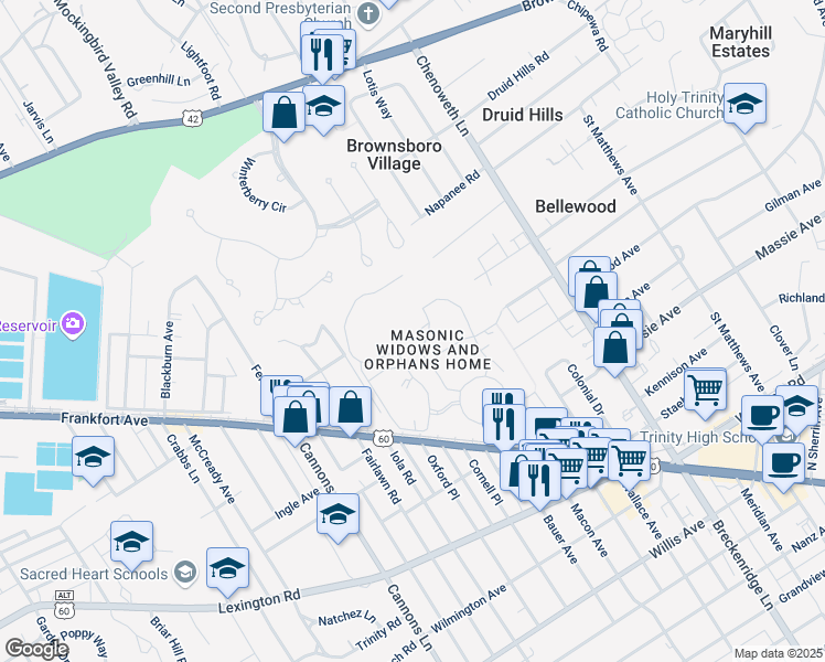 map of restaurants, bars, coffee shops, grocery stores, and more near Masonic Home Drive in Louisville